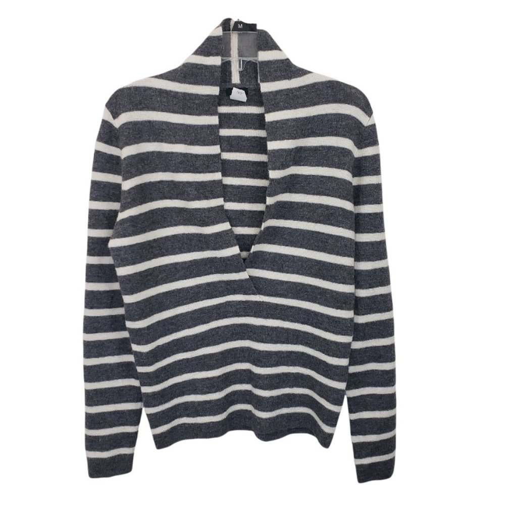 J. Crew Women's 100% Baby Alpaca Grey/Ivory Striped Shawl V Neck Cropped Sweater